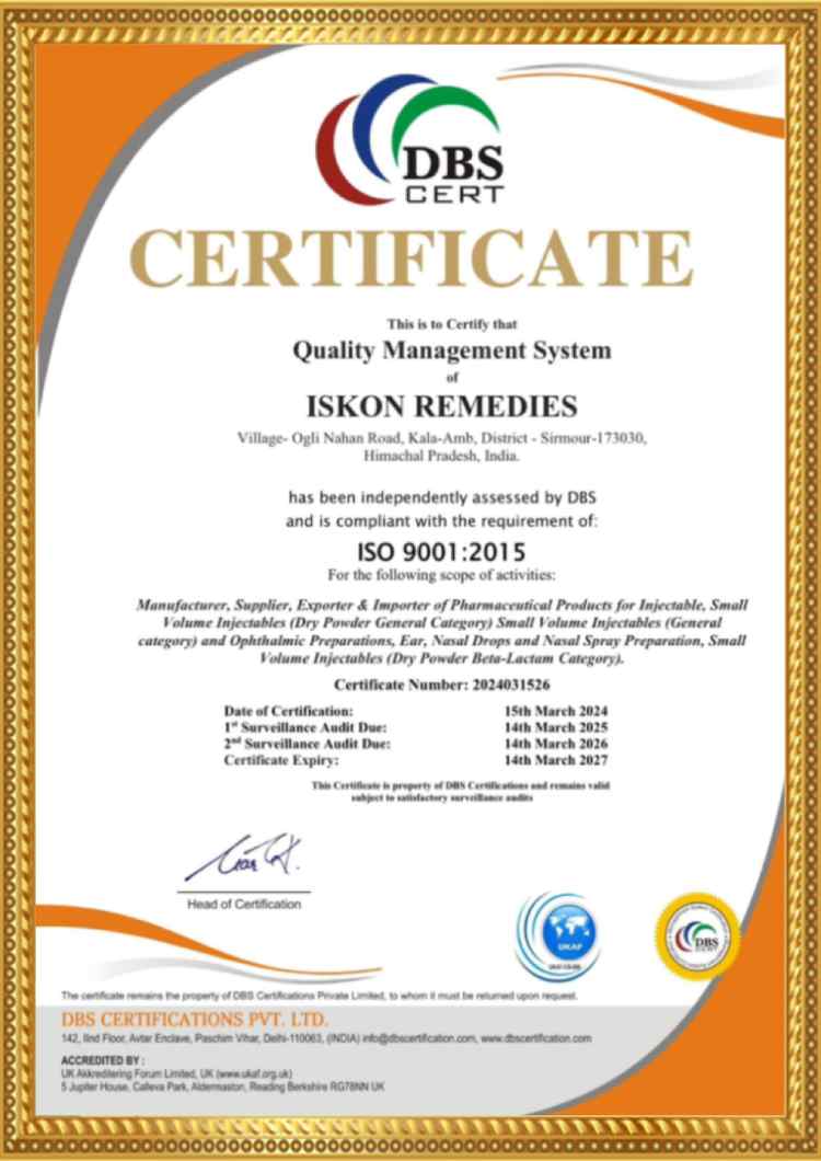 ISO - certified pharma company - ISKON Remedies